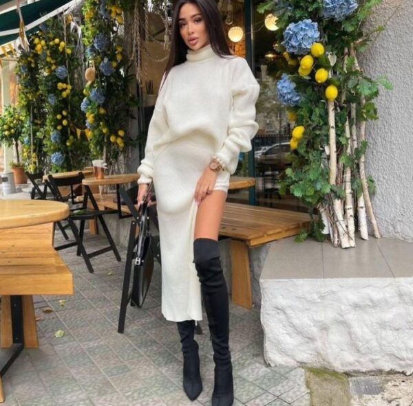 ASTON SIENNA Winter Chic: Turtleneck Loose Pullover Top & Split Long Skirt Set