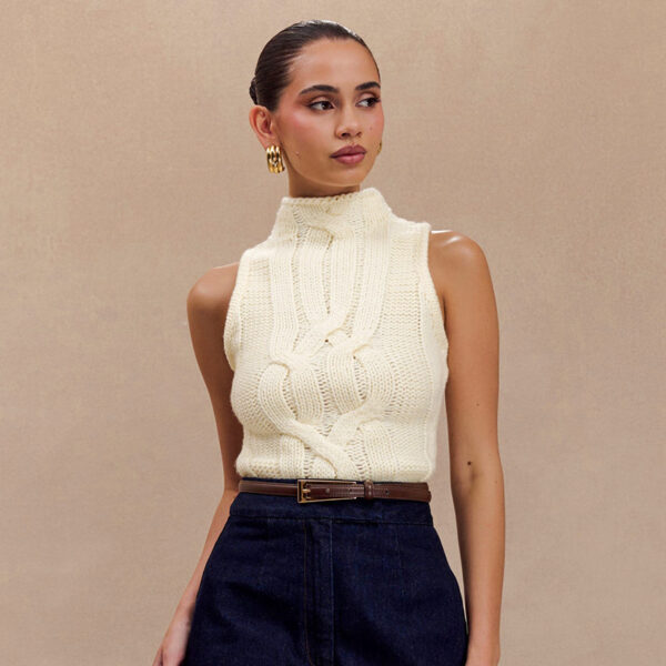 ASTON SIENNA Stay Chic with Our Autumn-Winter Woolen Half Turtleneck Sleeveless Sweater Vest