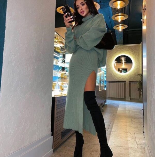 ASTON SIENNA Winter Chic: Turtleneck Loose Pullover Top & Split Long Skirt Set