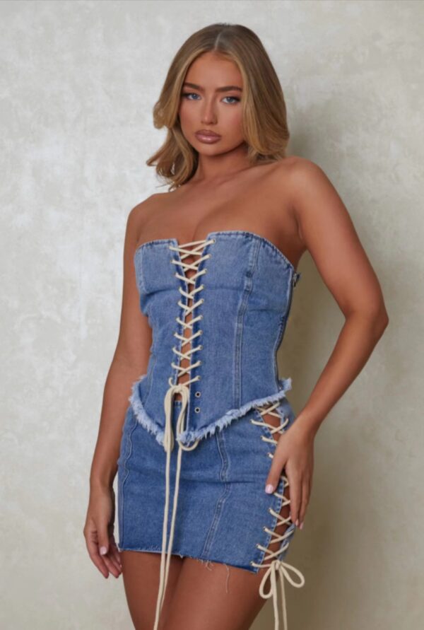 Vintage Charm: Retro Cross Strap Denim Tube Top