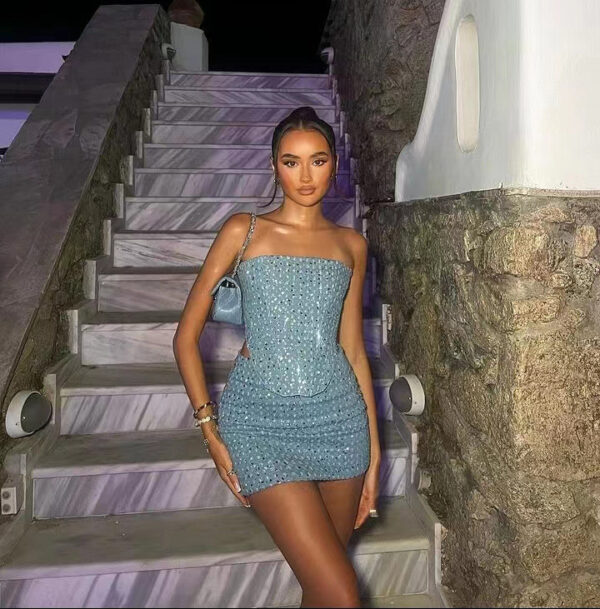 Spring Summer Denim With Hole Sequined Tube Top SetASTONSIENNA
