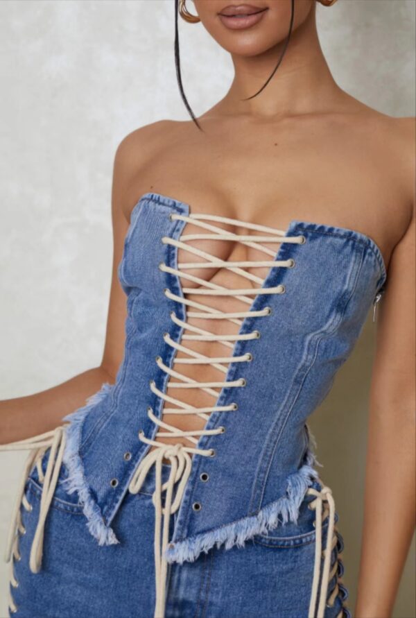 Vintage Charm: Retro Cross Strap Denim Tube Top