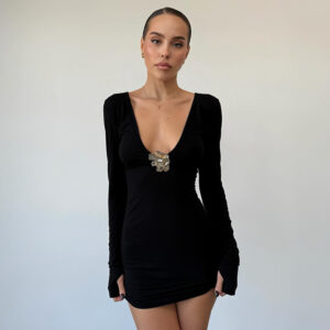 Shine Bright in Our Low Neck Slim Fit Hip Metal Decoration Dress