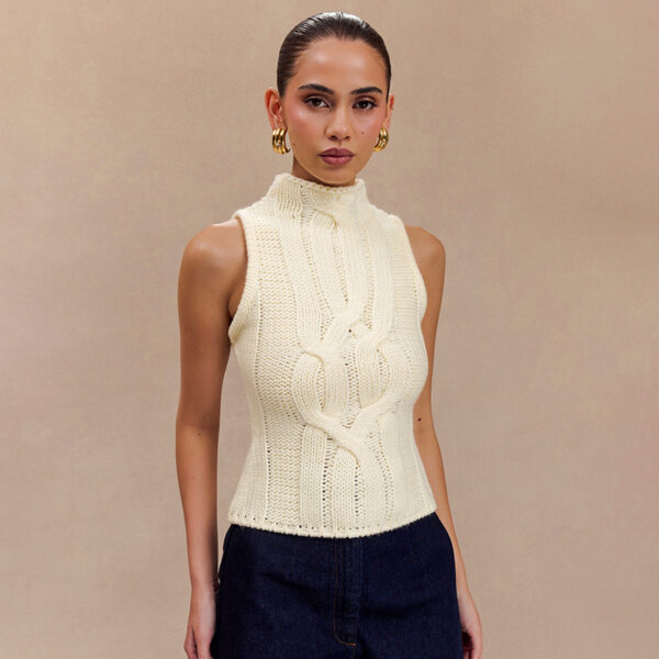 ASTON SIENNA Stay Chic with Our Autumn-Winter Woolen Half Turtleneck Sleeveless Sweater Vest