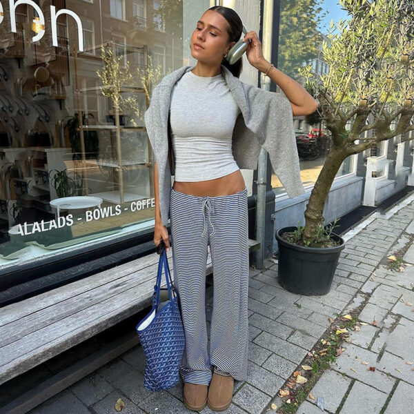 ASTON SIENNA Effortless Elegance: High Waist Striped Lace-Up Baggy Trousers