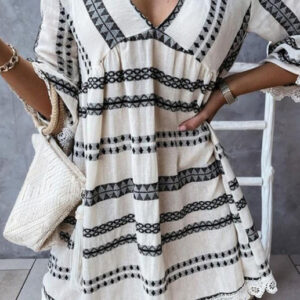 V-Neck Geometric Flare Sleeve Lace Dress
