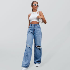 Ripped high waist wide leg casual denim jeans