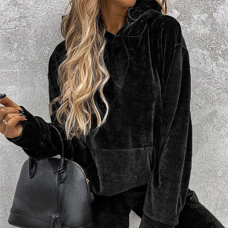 Women's solid color hooded sports casual velvet suit - Image 4