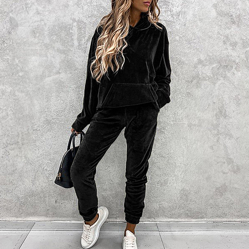 Women's solid color hooded sports casual velvet suit - Image 6
