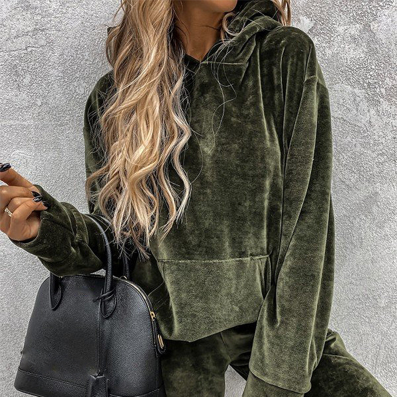 Women's solid color hooded sports casual velvet suit - Image 2