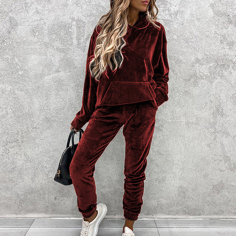 Women's solid color hooded sports casual velvet suit - Image 12