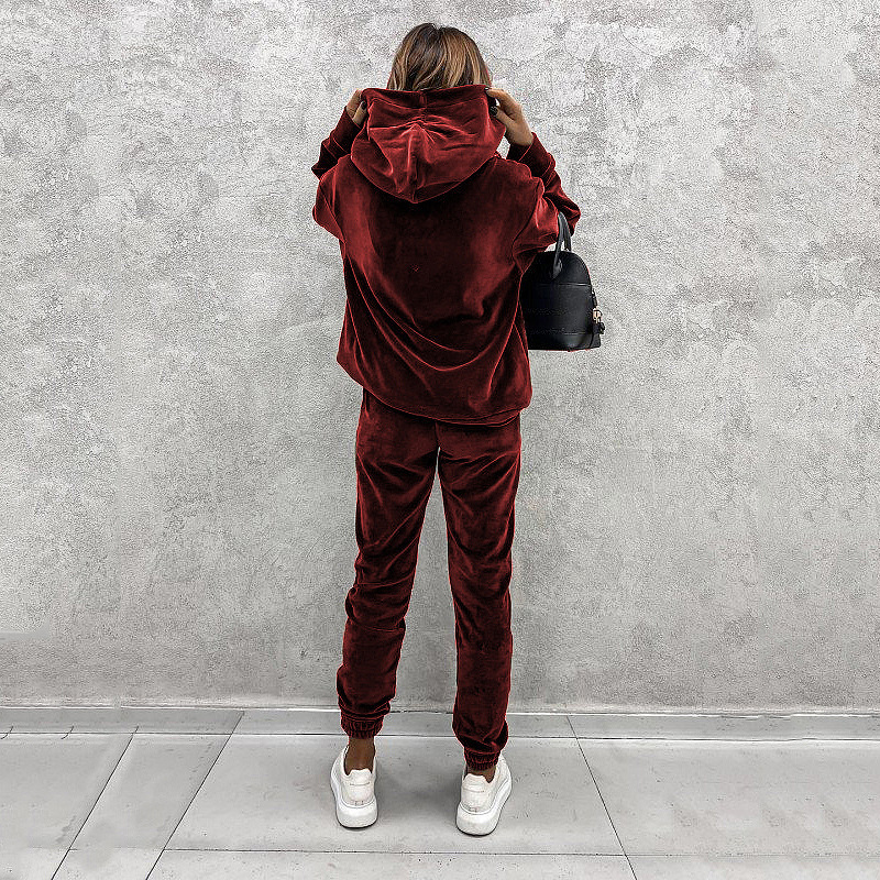 Women's solid color hooded sports casual velvet suit - Image 10