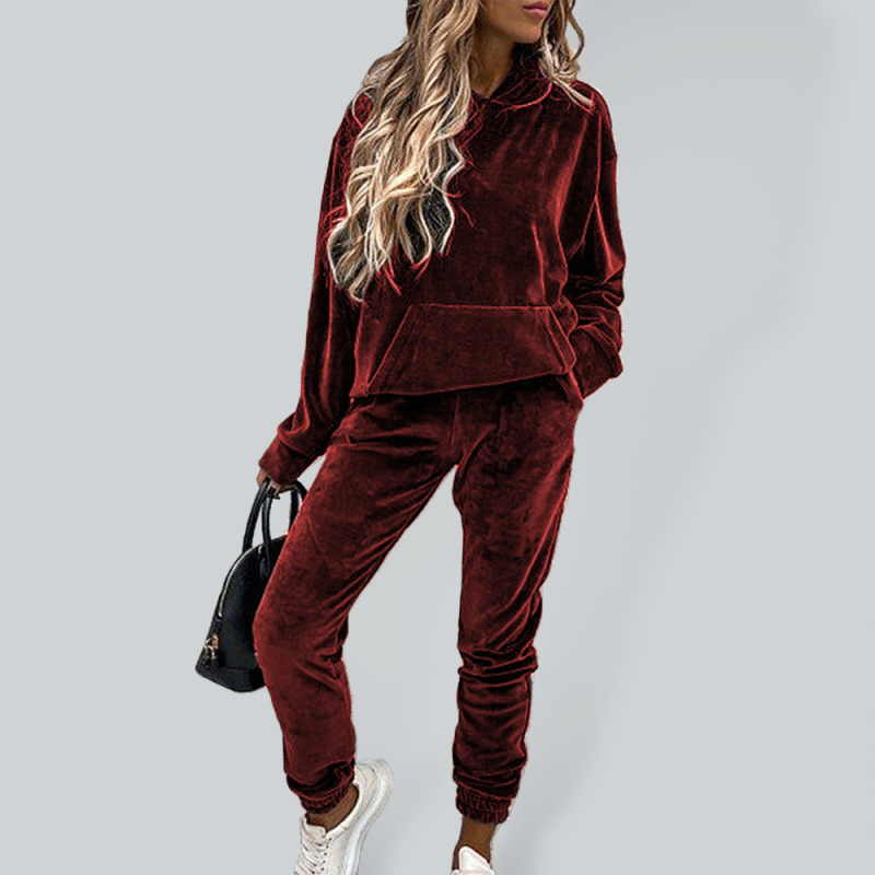 Women's solid color hooded sports casual velvet suit - Image 3