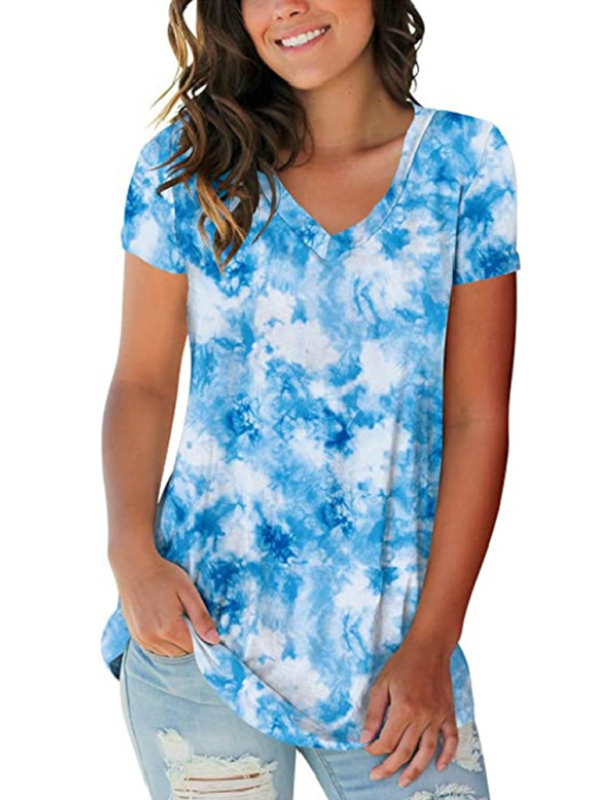 Women's wear European and American street trendsetter pullover tie dyed V-neck women's T-shirt women - Image 4