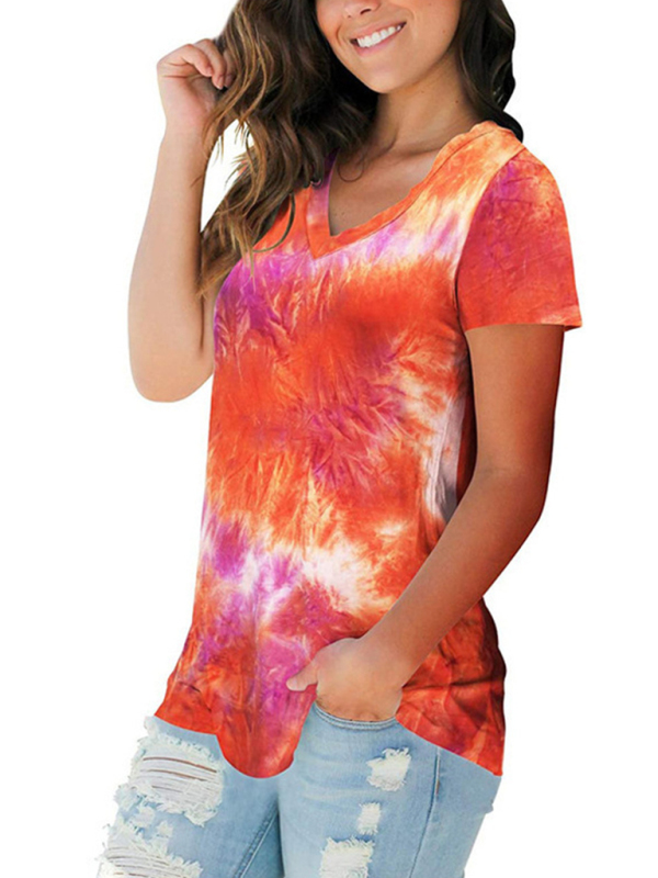 Women's wear European and American street trendsetter pullover tie dyed V-neck women's T-shirt women - Image 6