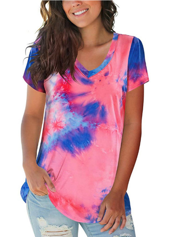 Women's wear European and American street trendsetter pullover tie dyed V-neck women's T-shirt women - Image 3