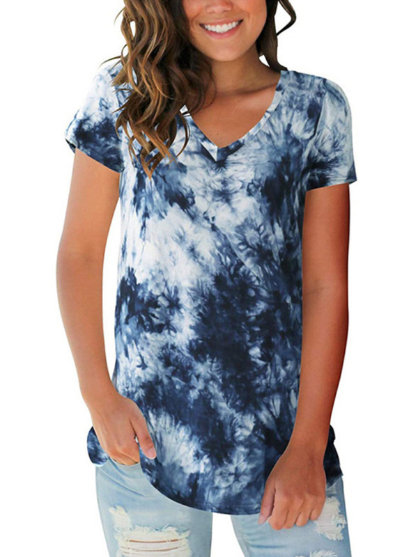 Women's wear European and American street trendsetter pullover tie dyed V-neck women's T-shirt women - Image 2