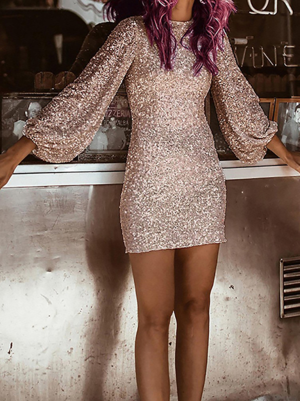 Women's sequin dress wish round neck long sleeve slim pencil skirt - Image 4
