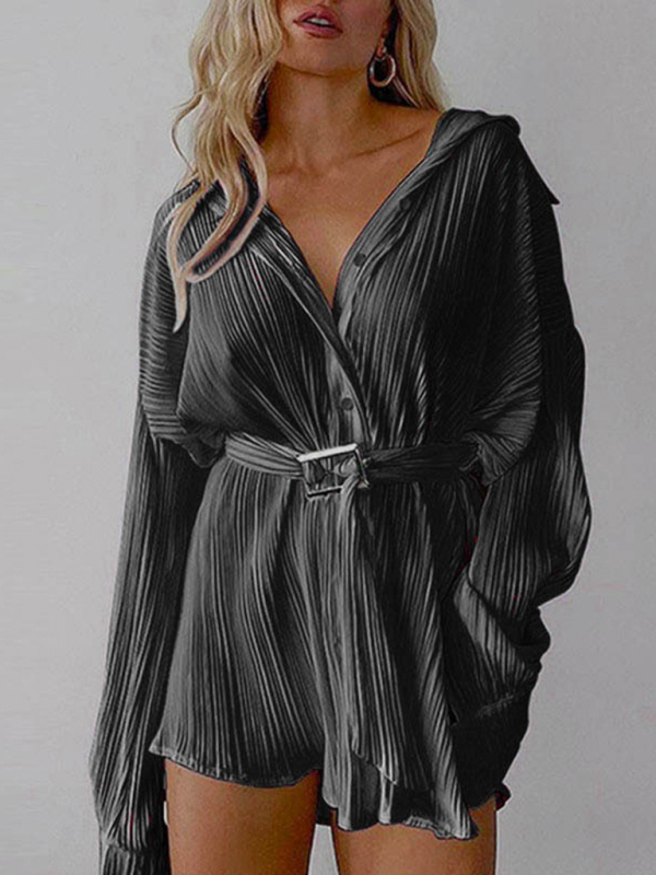 Pleated Long Sleeve Belted Shirt Casual Fashion Dress - Image 13