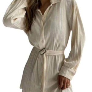 Pleated Long Sleeve Belted Shirt Casual Fashion Dress