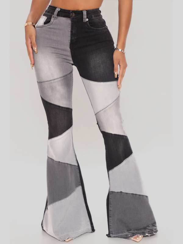 Women's two-color splicing street washed flared jeans - Image 2