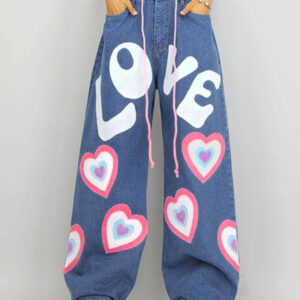 Women's Heart Graffiti Print Loose Jeans