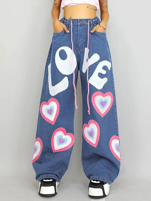 Women's Heart Graffiti Print Loose Jeans
