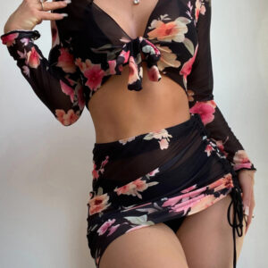 Women's Printed Drawstring Long-Sleeve Blouse Bikini Four-Piece Set