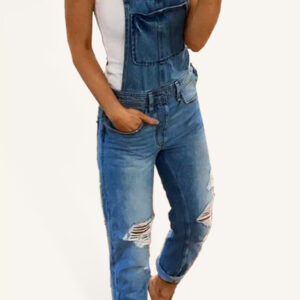 Double shoulder suspenders ripped denim jumpsuit