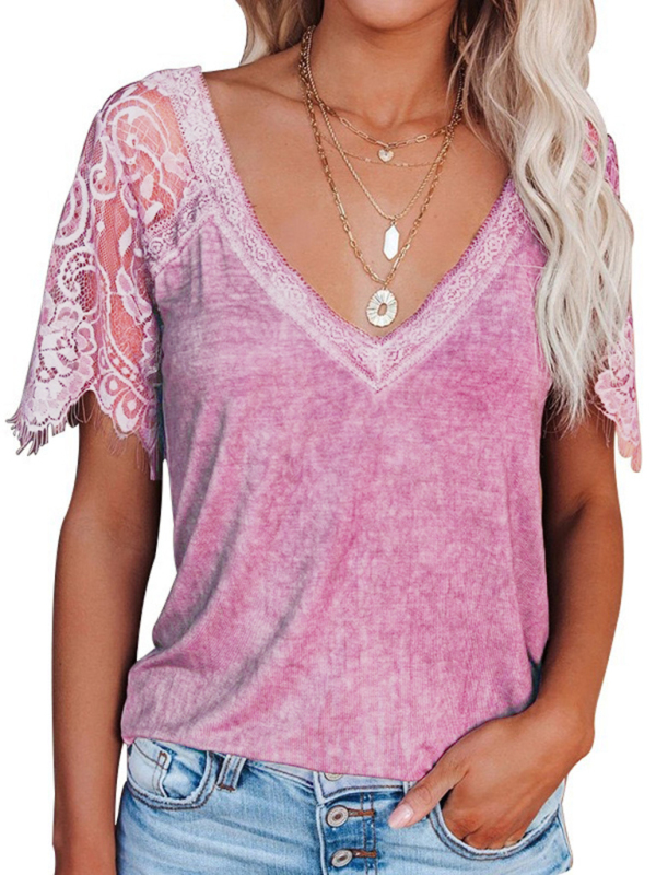 Short Sleeve V Neck Lace Blouse - Image 3