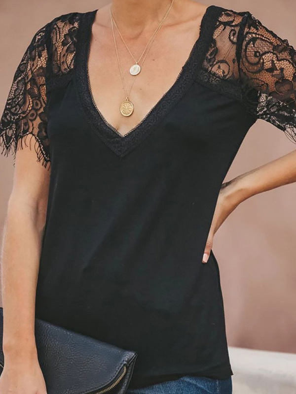 Short Sleeve V Neck Lace Blouse - Image 5
