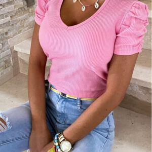 Puff sleeve V-neck short-sleeved T-shirt