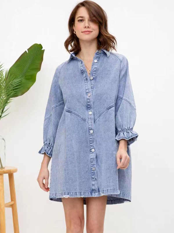 Loose Denim Balloon long Sleeve Dress - Image 2