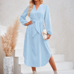 Casual V-neck striped tie waist shirt dress