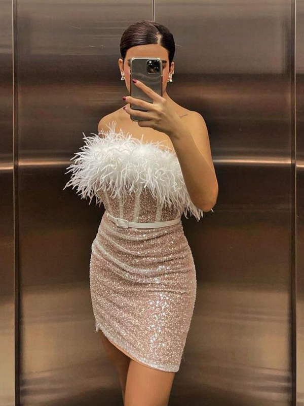 High Waist Sexy Sequin Dress One Shoulder Feather Dress Short Skirt - Image 5