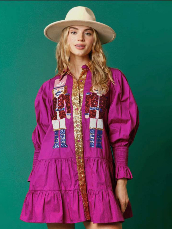 Long sleeve lapel Christmas sequin dress