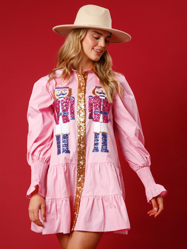 Long sleeve lapel Christmas sequin dress - Image 3