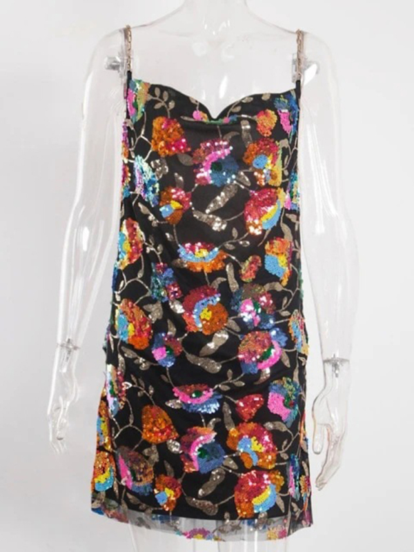 Sexy boat neck backless sequin floral chain women's sexy short dress - Image 3