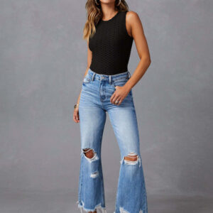 Women's tassel washed ripped wide leg jeans