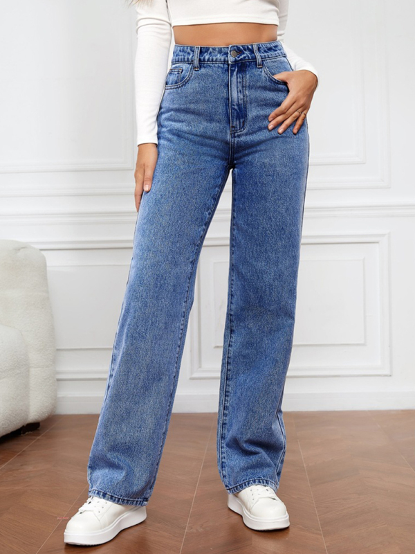 Women's High Waist Washed Straight Leg Jeans - Image 3