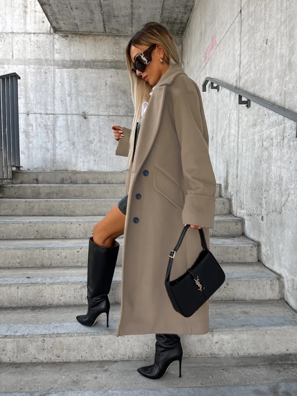 Women's new long-sleeved suit collar double-breasted woolen coat top - Image 10