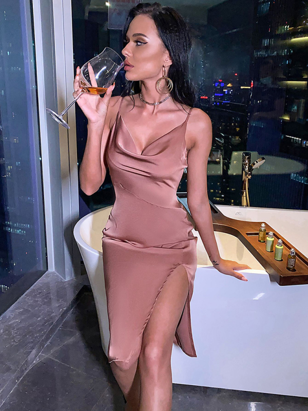 Sexy strapless stacked collar dress, elegant satin gown - Image 6