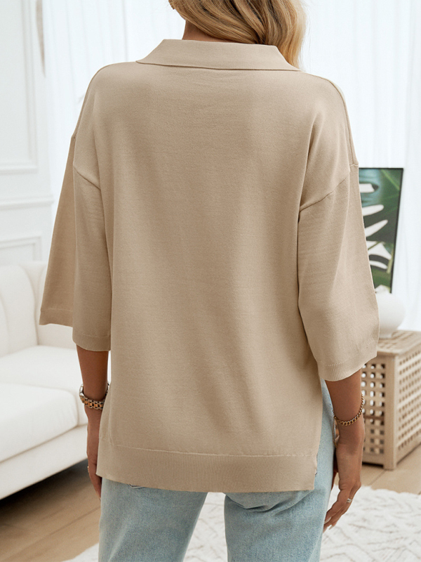 Solid Color Lapel Loose Sweater - Image 6