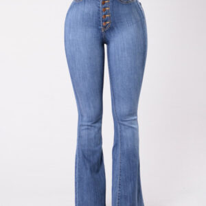 Women's new high-waist washed button slim fit slightly flared wide-leg denim jeans