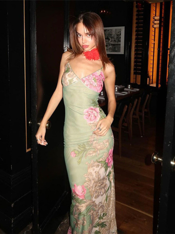 Designed vacation casual slim positioning printed suspender dress - Image 11