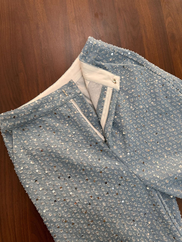 Sequined Denim Straight Pants - Image 6