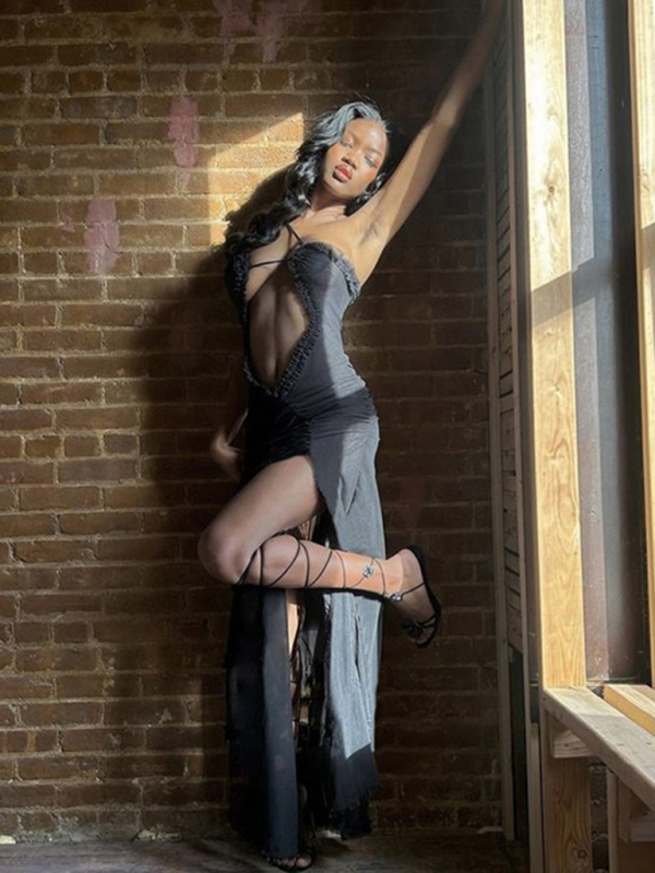 Hollow Sleeveless Halter Neck Wrap Chest and Backless Long Dress - Image 11