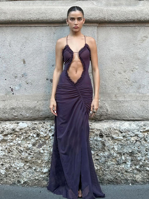 Hollow Sleeveless Halter Neck Wrap Chest and Backless Long Dress - Image 7