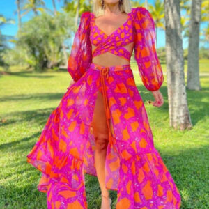 Long-sleeved bikini three-piece set (top + pants + skirt)