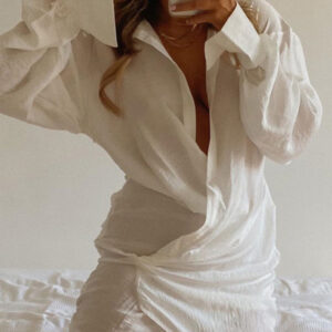Long sleeve white shirt deep V women's dress
